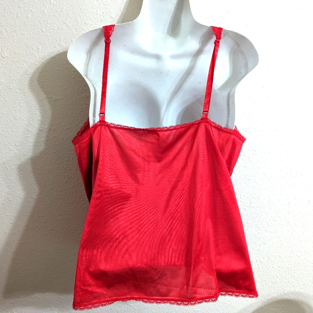 V I N T A G E:: Adonna Red VNeck Lace Nylon Camisole - Picture 6 of 8
